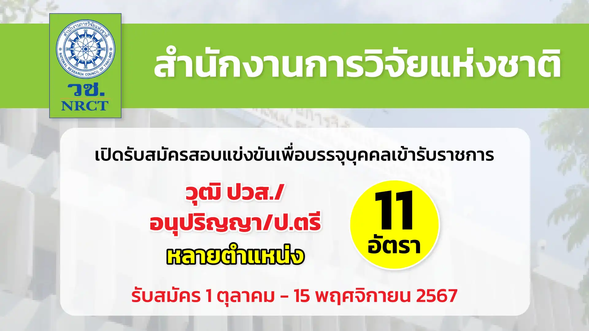 สำนักงานการวิจัยแห่งชาติ เปิดรับสมัครสอบแข่งขันเพื่อบรรจุและแต่งตั้งบุคคลเข้ารับราชการ