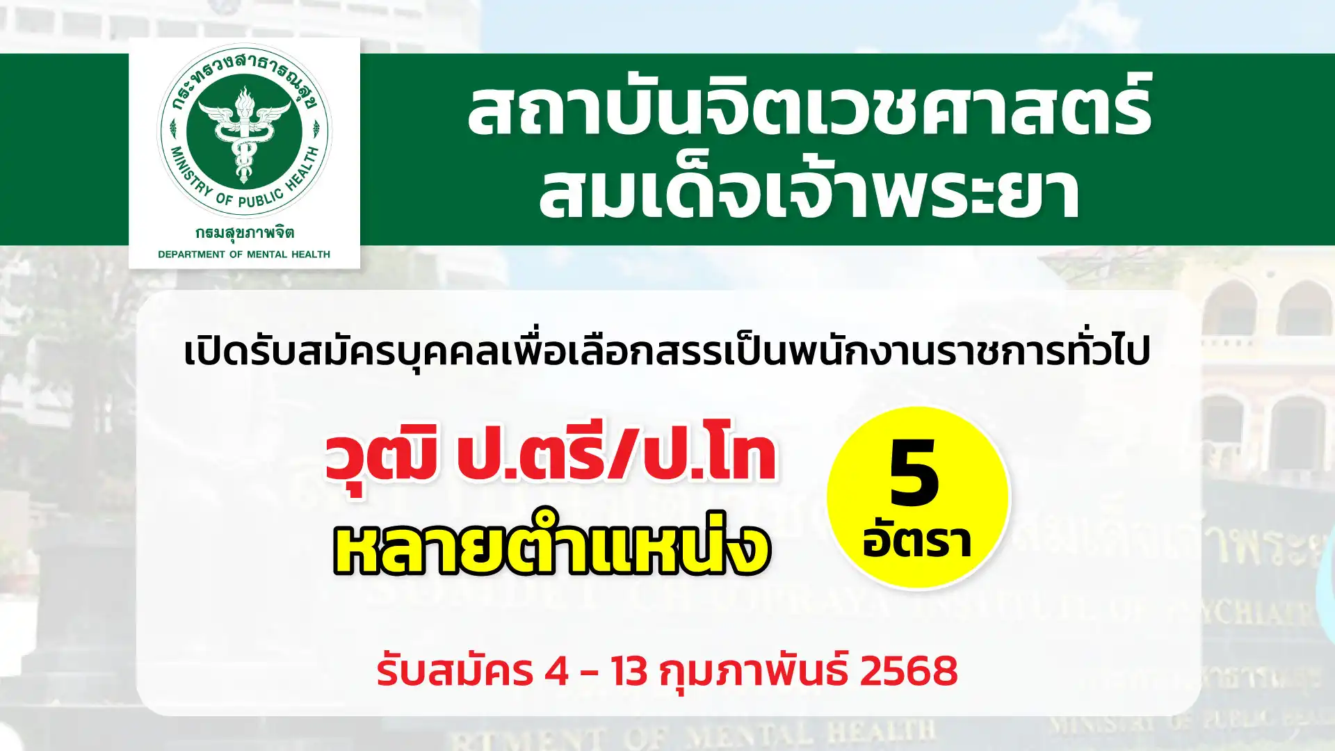 สถาบันจิตเวชศาสตร์สมเด็จเจ้าพระยา เปิดรับสมัครบุคคลเพื่อเลือกสรรเป็นพนักงานราชการทั่วไปหลายตำแหน่ง