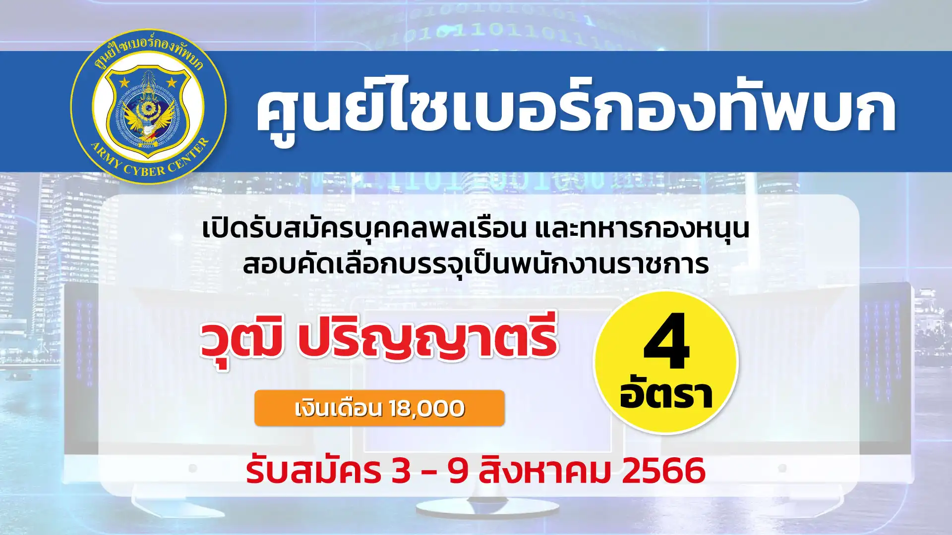 ศูนย์ไซเบอร์กองทัพบก เปิดรับสมัครบุคคลพลเรือน และทหารกองหนุน เพื่อคัดเลือกเป็นพนักงานราชการ
