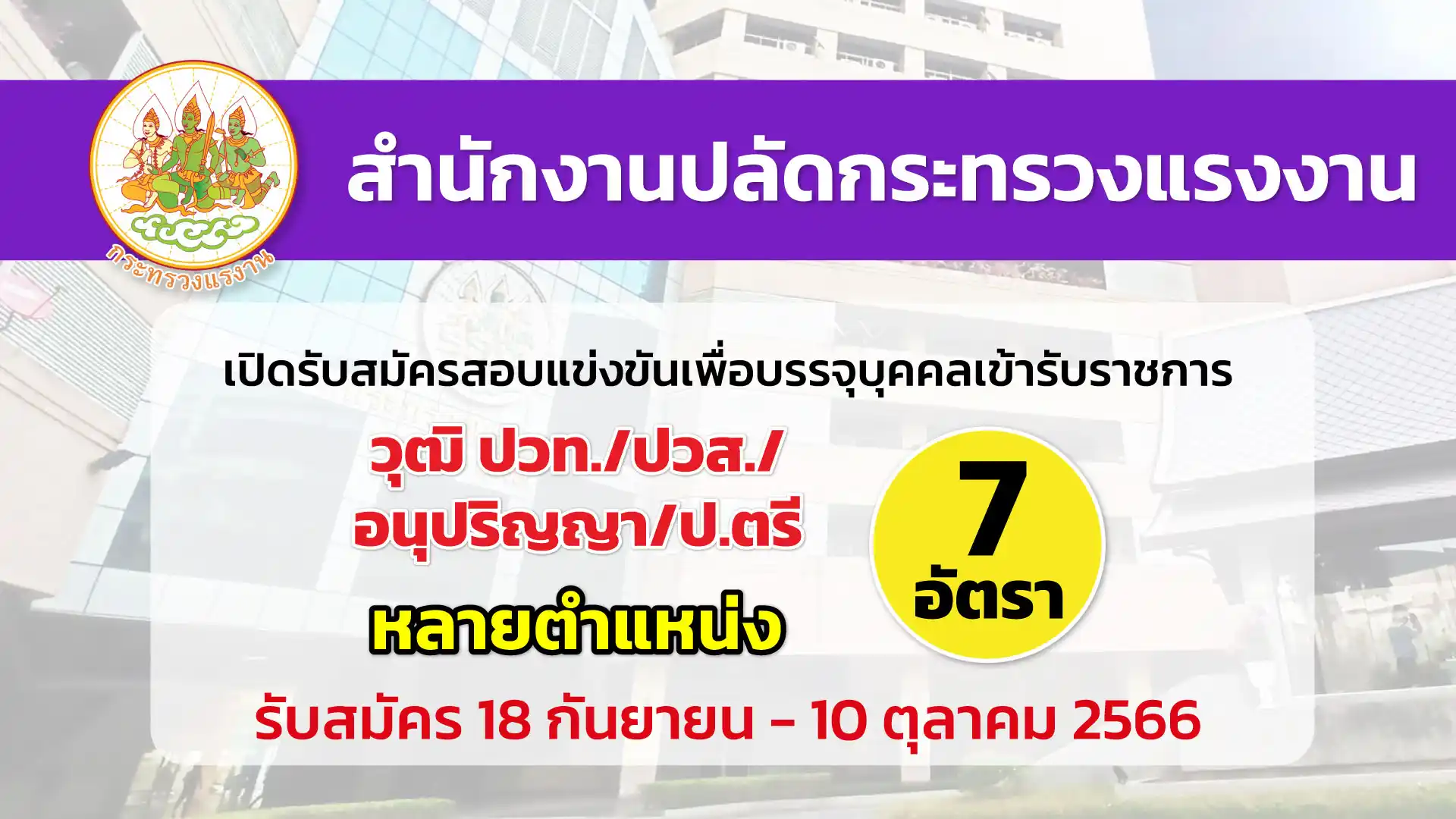 สป. กระทรวงแรงงาน เปิดรับสมัครสอบแข่งขันเพื่อบรรจุบุคคลเข้ารับราชการ