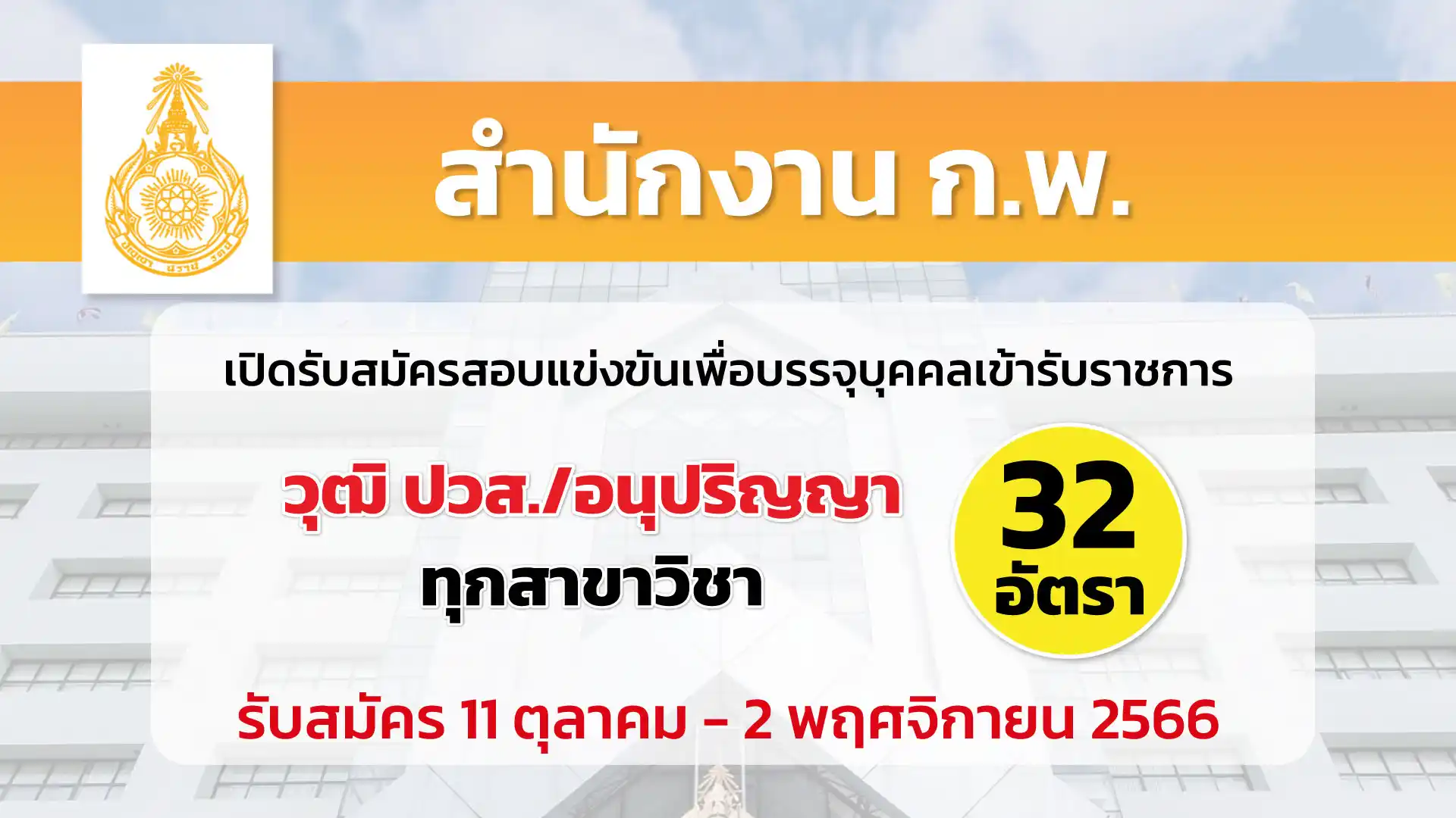 สำนักงาน ก.พ. เปิดรับสมัครสอบแข่งขันเพื่อบรรจุบุคคลเข้ารับราชการ