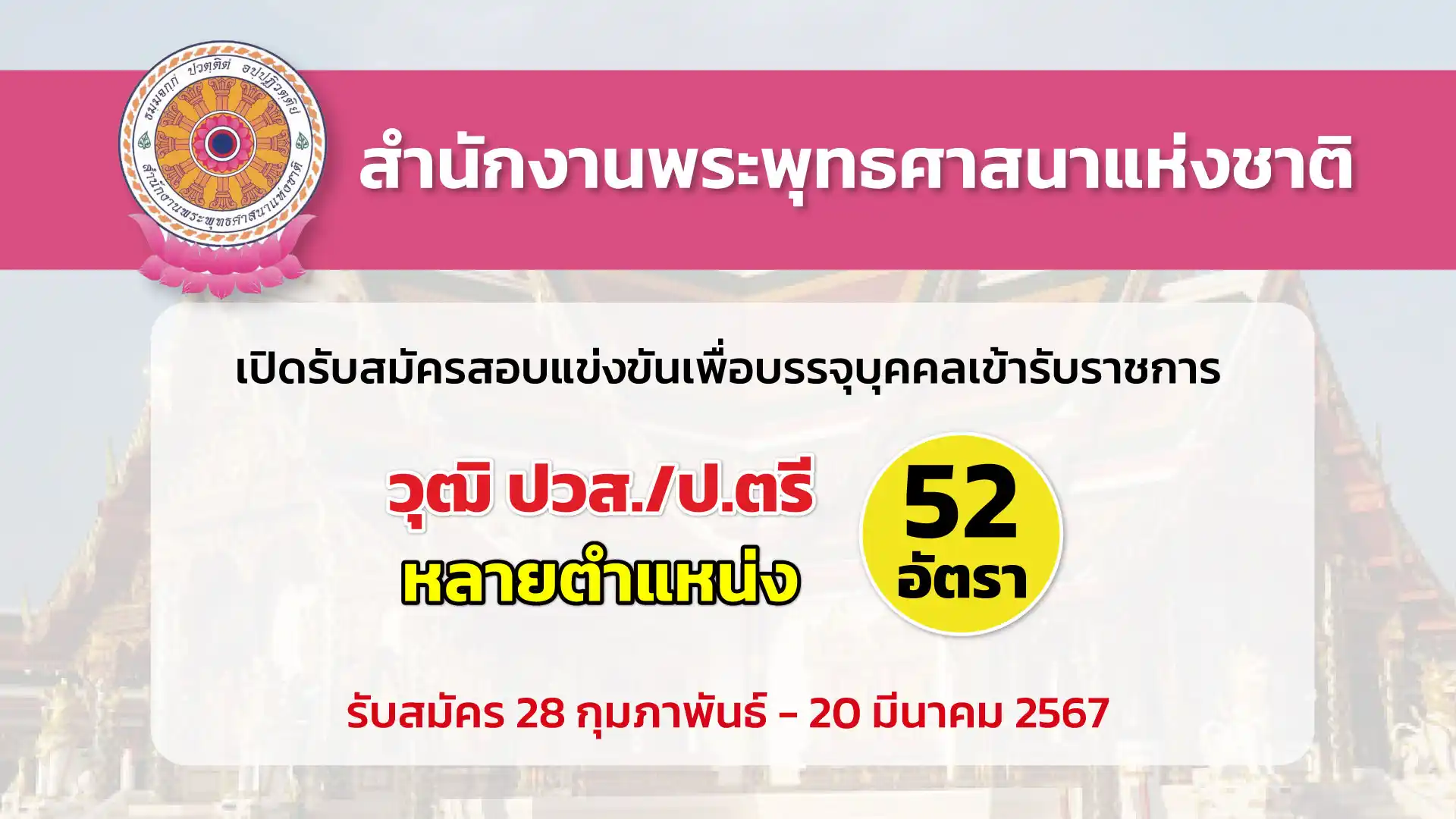สำนักงานพระพุทธศาสนาแห่งชาติ เรื่อง รับสมัครสอบแข่งขันเพื่อบรรจุและแต่งตั้งบุคคลเข้ารับราชการในตำแหน่งต่าง ๆ
